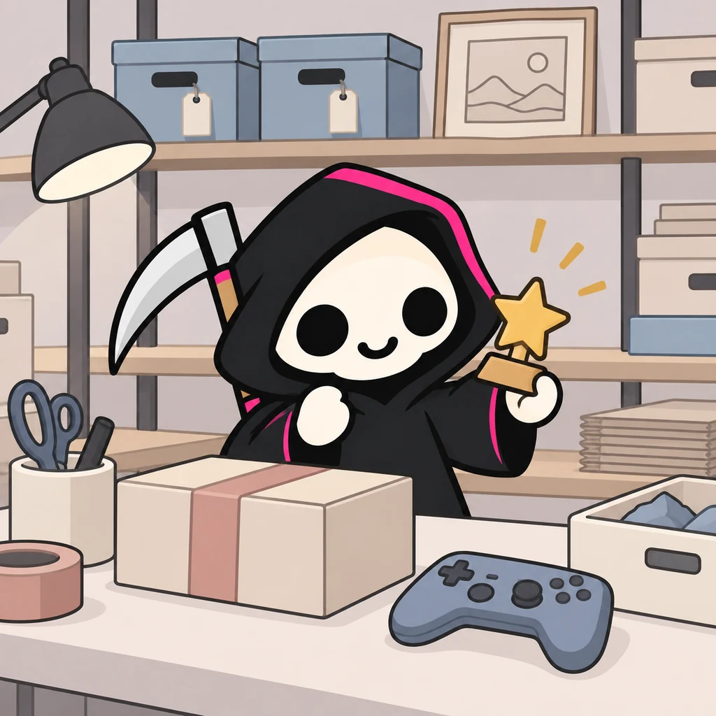 Grimmy holds a little simple star trophy at a tidy cream packing bench with one finished parcel and a blue-gray controller.