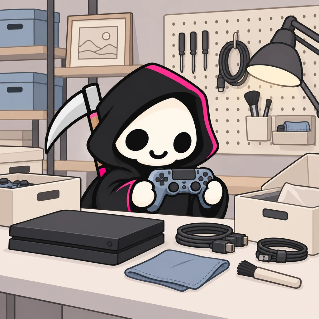 Grimmy sits at a reseller workbench inspecting a blue-gray video game controller beside a small console and cables, preparing a complete item set for photographs.