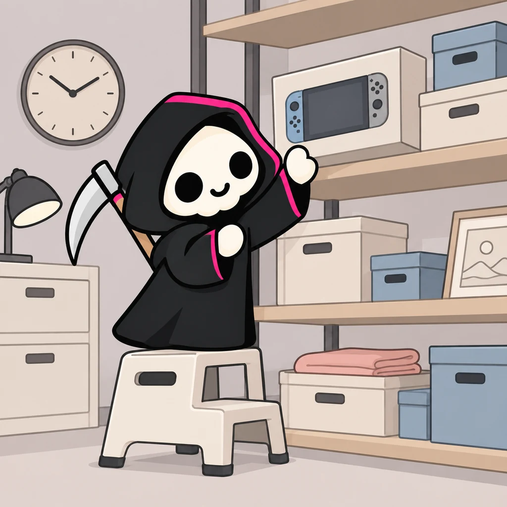 Grimmy stands on a small cream step stool retrieving a boxed game console from an upper shelf.