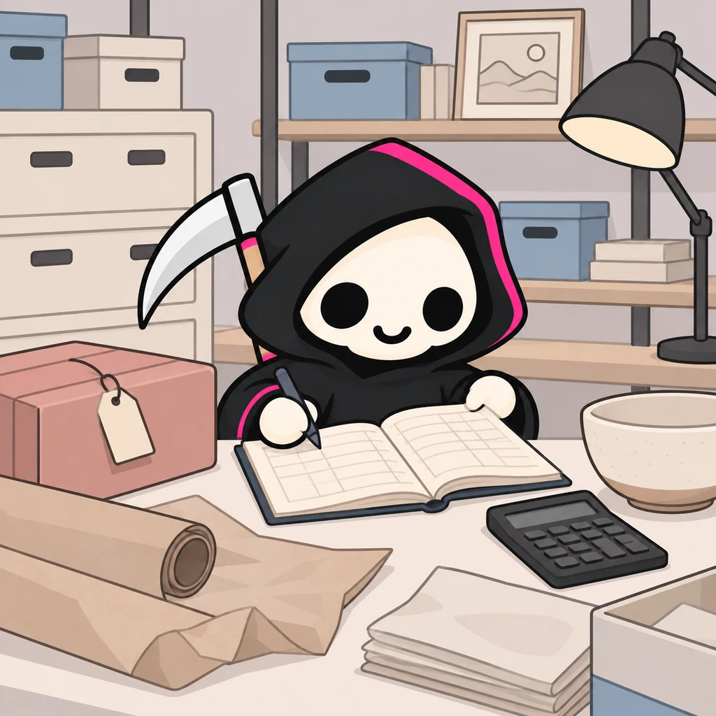 Grimmy checks a blank ledger beside a ceramic bowl, packing paper, and a dusty blush parcel on a broad cream table.