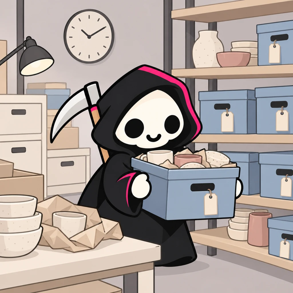 Grimmy carries a blue-gray storage tote of ceramics toward a cream shelving unit, with blank tags on the boxes and a simple wall clock with unnumbered ticks..