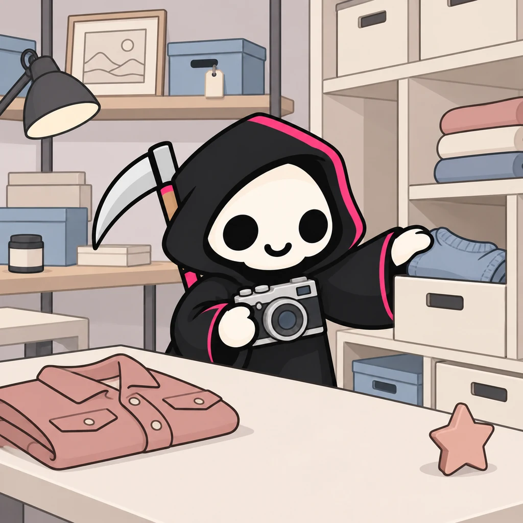 Grimmy puts the last folded blue-gray sweater into a cream storage cubby and holds a camera, with a tidy clear bench and a small dusty blush star ornament.