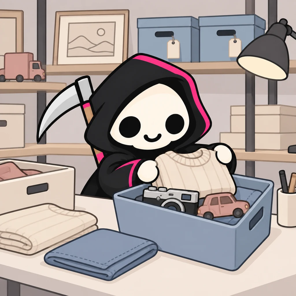 Grimmy arrives beside a cream sorting bench with a blue-gray thrift basket containing a camera, a small dusty blush toy vehicle and a cream folded sweater.
