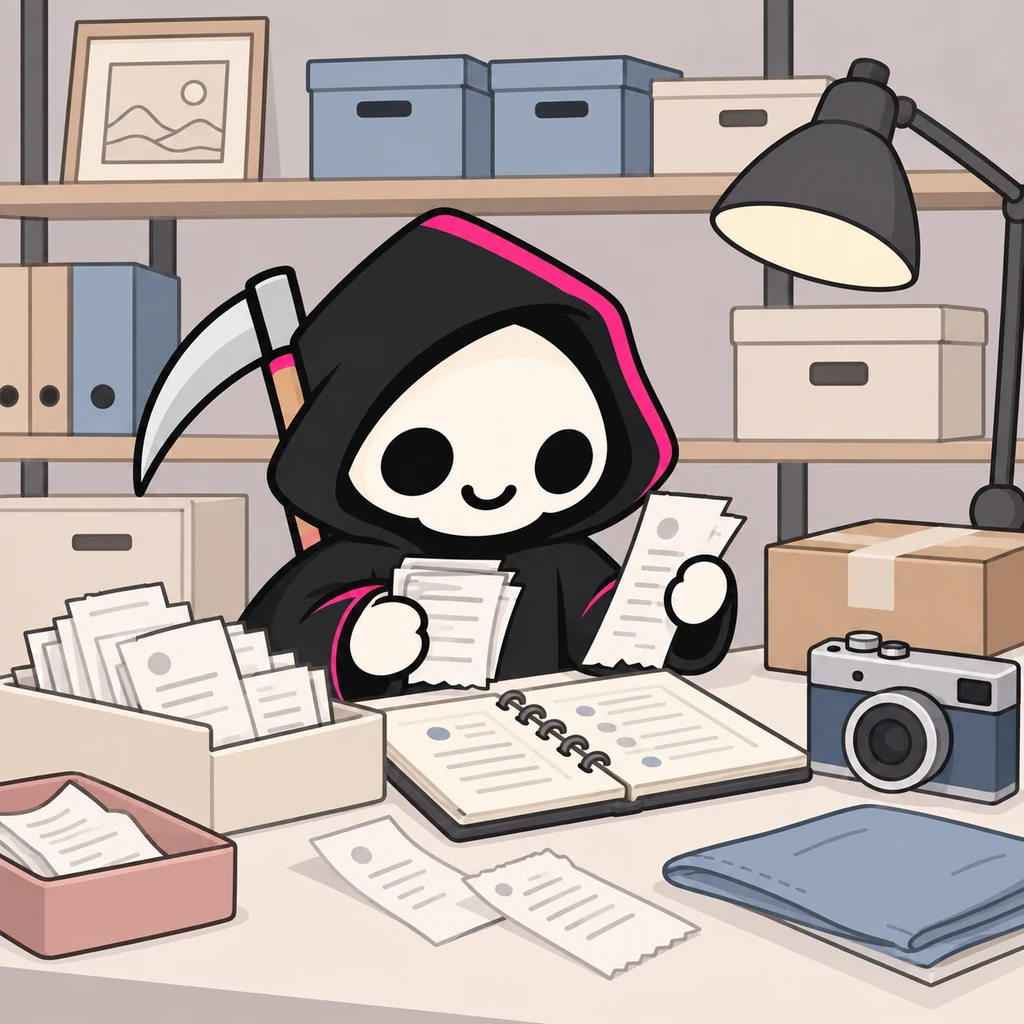 Grimmy sorts neutral receipts beside a cream ledger and blue-gray camera on a desk, with a small packed parcel and a charcoal desk lamp.