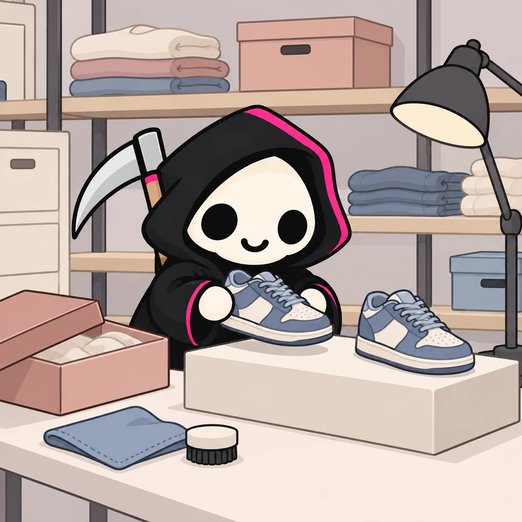 Grimmy places a cleaned blue-gray sneaker on a cream photo pedestal beside its matching shoe.