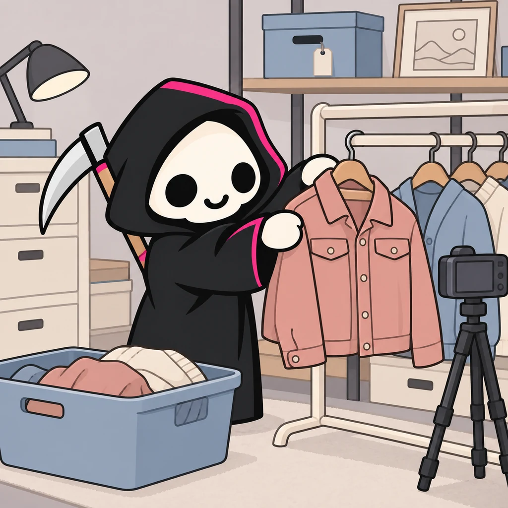 Grimmy hangs a dusty blush jacket neatly on a cream rail beside a small photo tripod, with a blue-gray laundry basket of clothing on the floor..