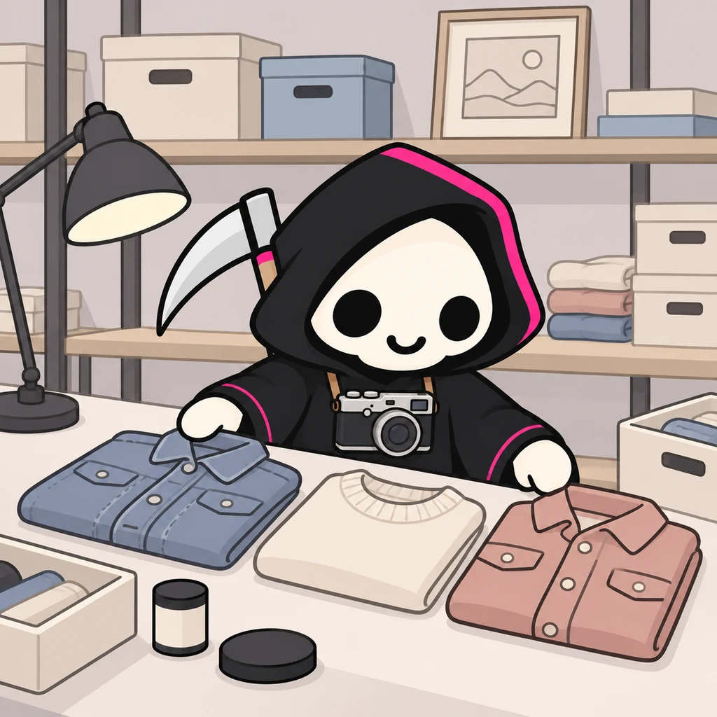 Grimmy lays out three folded garments on a wide cream worktable, one blue-gray denim jacket, one cream sweater and a dusty blush shirt.