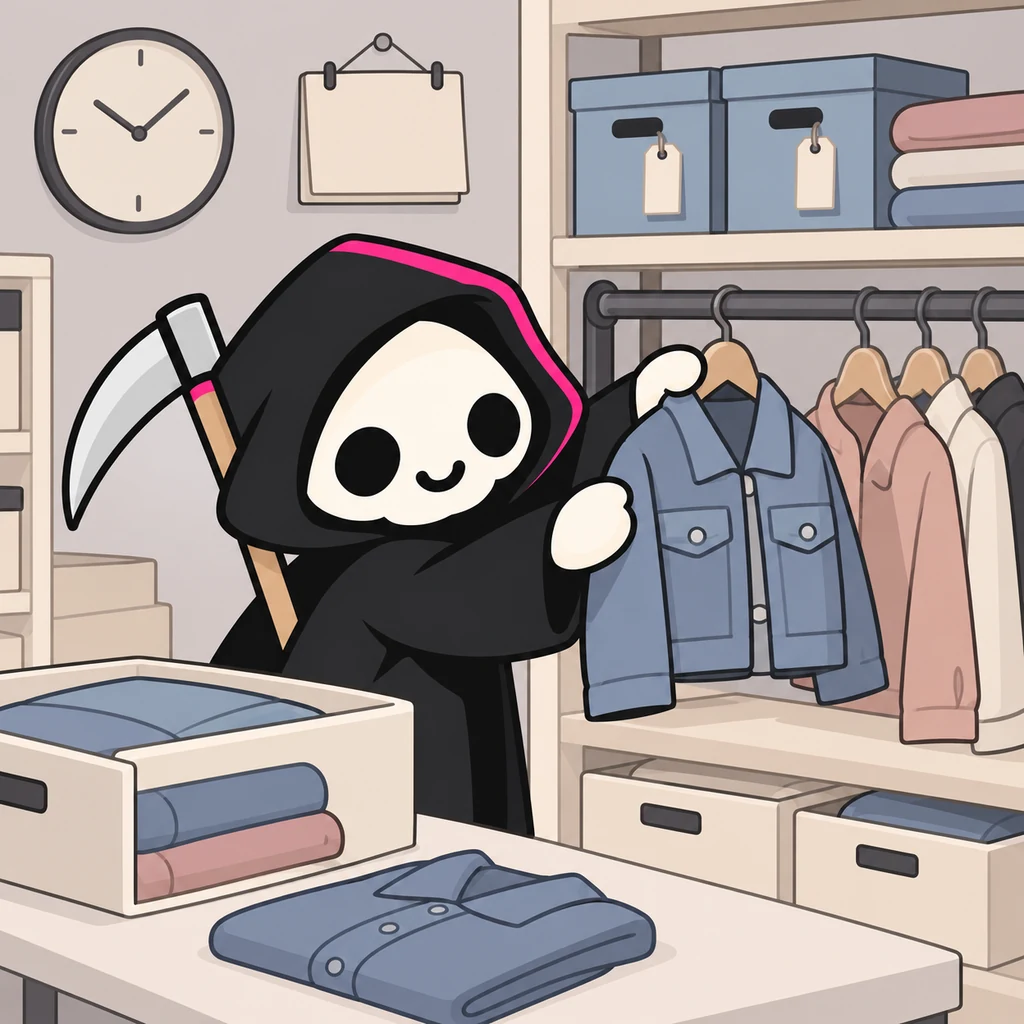 Grimmy returns a blue-gray jacket to a hanger beside a cream shelf of older stock.