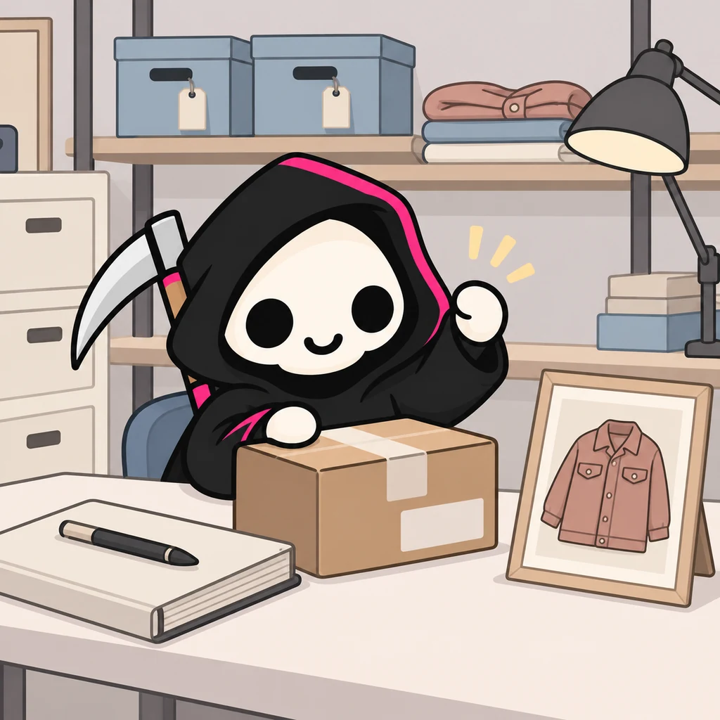 Grimmy sits at a tidy cream desk with a plain ledger and a single packed parcel, raising a small cream hand in celebration.