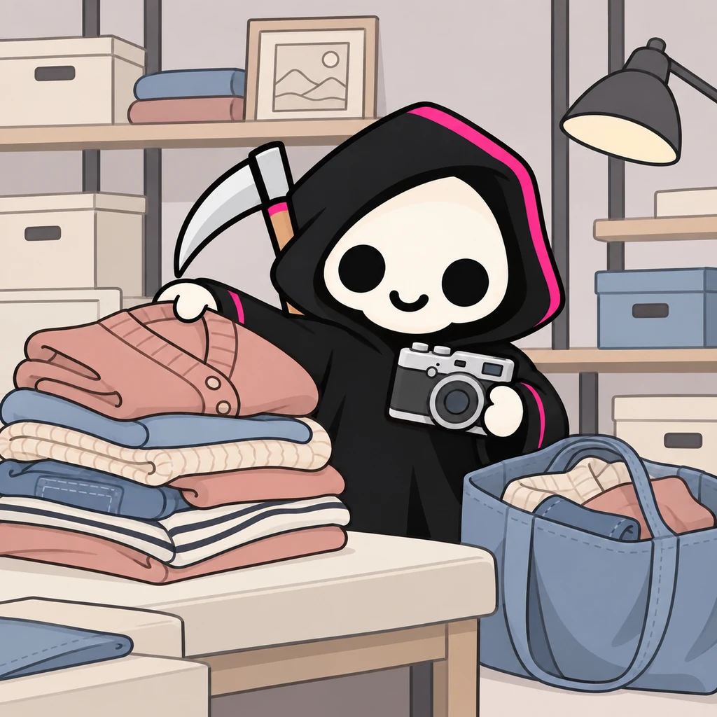 Grimmy selects one folded blush cardigan from a tall messy stack on a cream bench, holding a camera in the other hand.