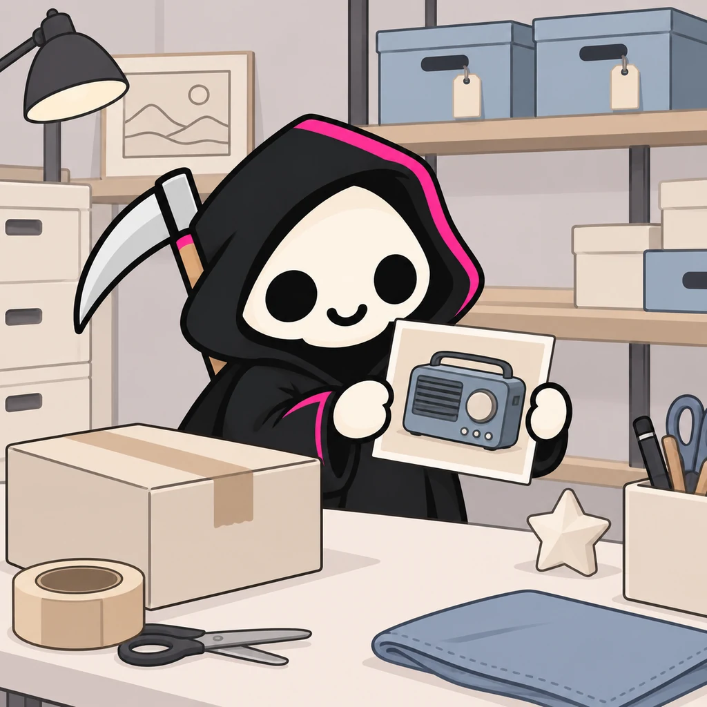 Grimmy stands beside a cream desk holding a single photo card depicting a blue-gray radio, with a modest star ornament and a packed parcel on the desktop..